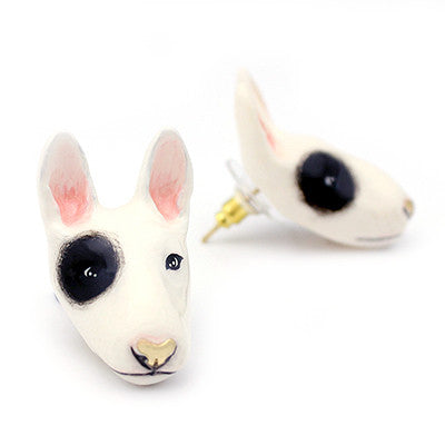 Unique Bull Terrier dog head earrings with black and white design.