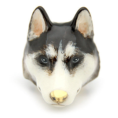 Dog head ring with Siberian husky design featuring detailed black and white fur.