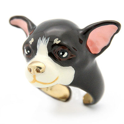 Handcrafted ring showcasing a charming Chihuahua face, perfect for dog lovers.