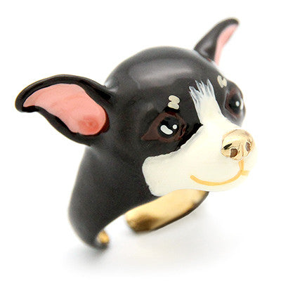 Handcrafted ring showcasing a charming Chihuahua face, perfect for dog lovers.