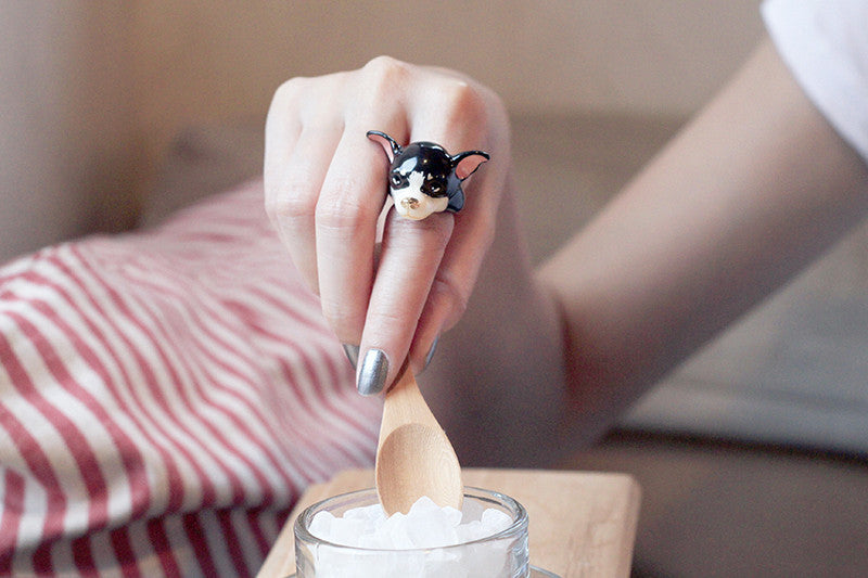 A hand wearing a cute dog ring, holding a wooden spoon above a glass jar.