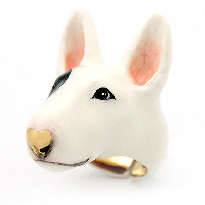 Whimsical Bull Terrier dog ring in white and black, perfect for dog lovers.