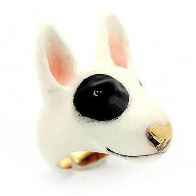 Whimsical Bull Terrier dog ring in white and black, perfect for dog lovers.