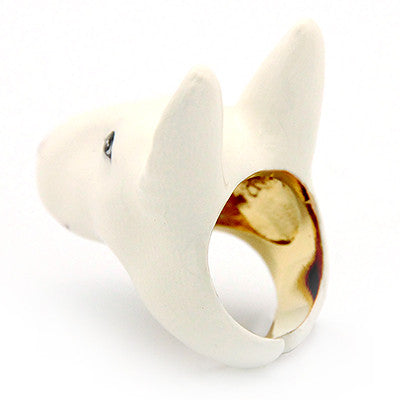 Whimsical Bull Terrier dog ring in white and black, perfect for dog lovers.