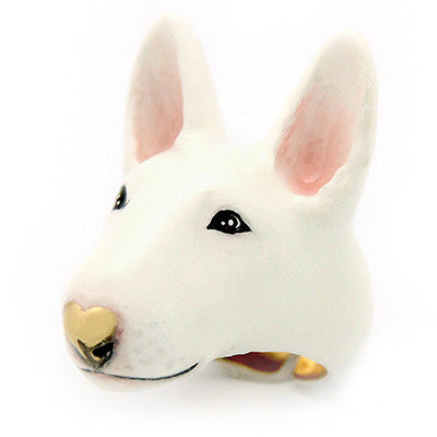 White bull terrier ring with a heart-shaped nose.