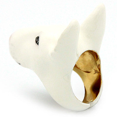 White bull terrier ring with a heart-shaped nose.