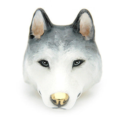 Dog head ring with Siberian husky design featuring detailed grey and white fur.