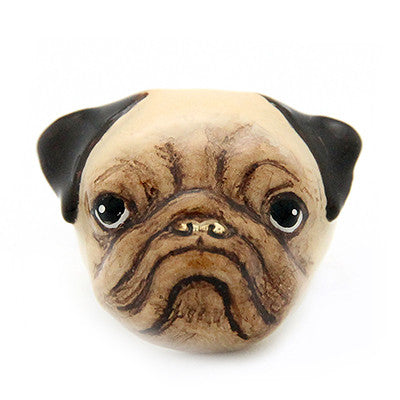 Pug ring with detailed facial features and black ears, perfect for animal lovers.