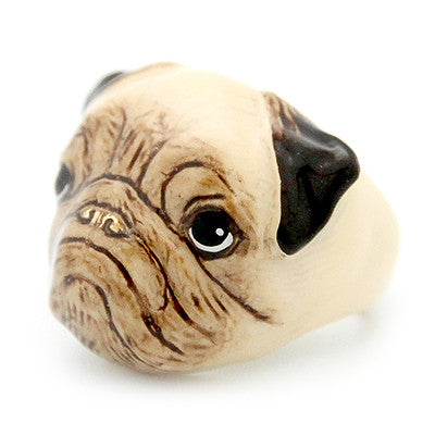 Pug ring with detailed facial features and black ears, perfect for dog lovers.