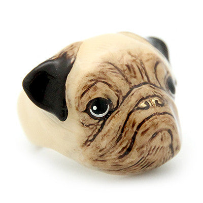 Pug ring with detailed facial features and black ears, perfect for dog lovers.