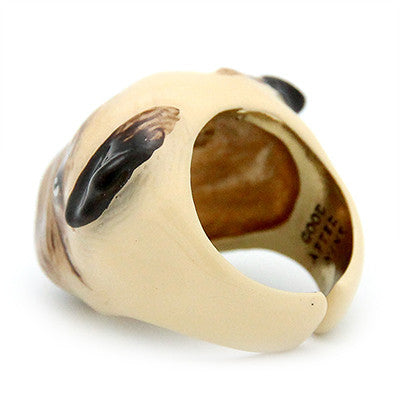 Adorable pug ring with detailed facial features and black ears, perfect for animal lovers.