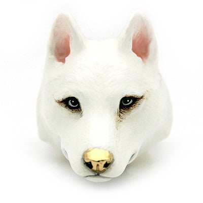 Dog head ring with Siberian husky design featuring detailed white fur.