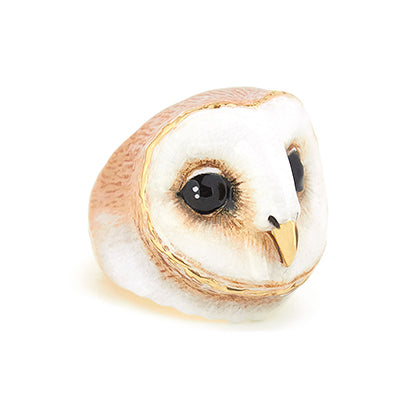 Handmade barn owl ring featuring large black eyes and a delicate golden beak.