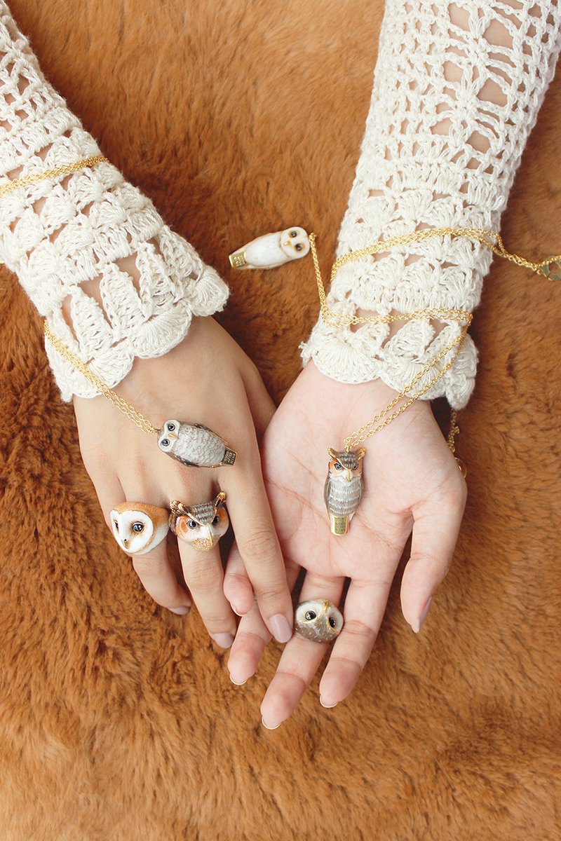 Beautiful owl-themed jewelry including rings and necklaces displayed on hands.