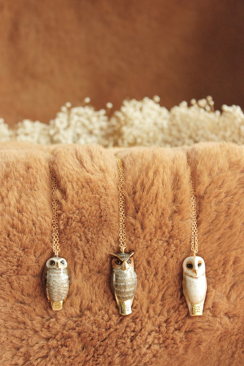 Adorable owl whistle necklaces with intricate detailing, perfect for animal lovers.