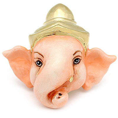 A stunning Ganesh ring adorned with a golden crown, featuring large elephant ears and expressive eyes, all crafted in soft pastel hues.