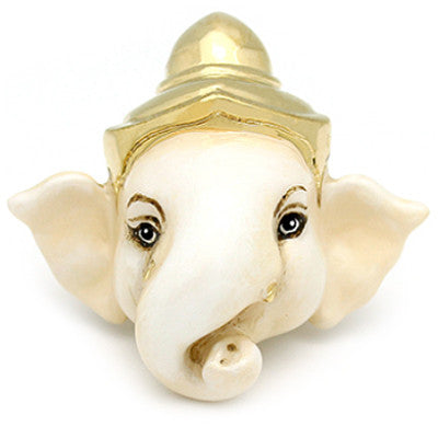 A stunning Ganesh ring adorned with a golden crown, featuring large elephant ears and expressive eyes, all crafted in white hues.