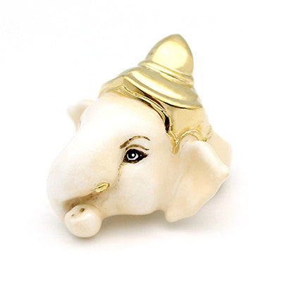 A stunning Ganesh ring adorned with a golden crown, featuring large elephant ears and expressive eyes, all crafted in white hues.