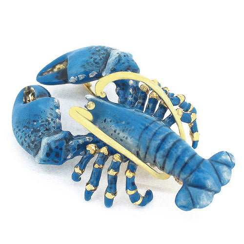 Unique lobster-shaped enamel brooch in vibrant blue.