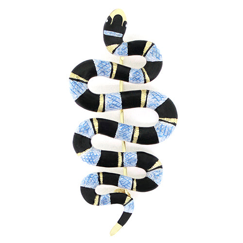 An eye-catching blue sea snake brooch, featuring black stripe and gold accent.