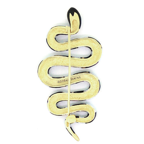 Unique blue sea snake brooch, featuring black stripe and gold accent.