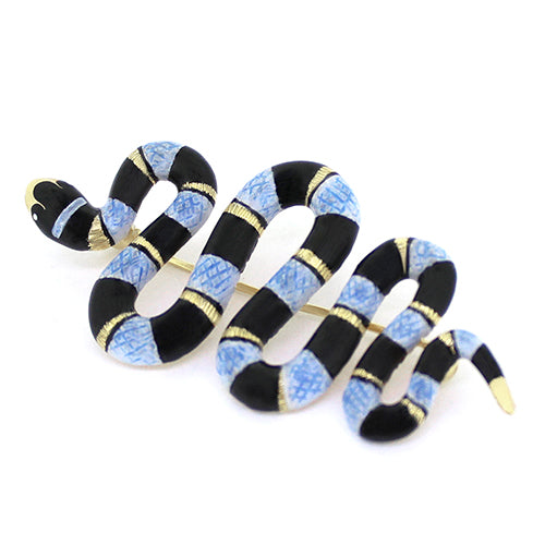 Handmade blue sea snake brooch, featuring black stripe and gold accent, perfect for unique jewelry lovers.