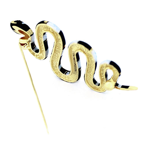 Charming blue sea snake brooch, featuring black stripe and gold accent, perfect for unique jewelry lovers.