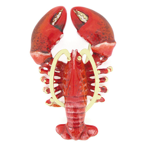 Red lobster brooch with gold accents, featuring detailed claws and a textured body.