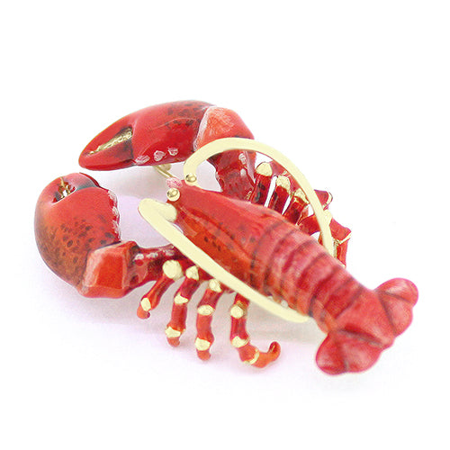 Beautiful red lobster brooch with gold accents, featuring detailed claws and a textured body.