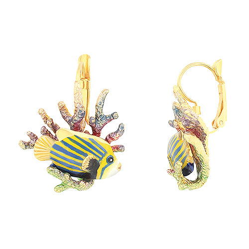 Artisan earrings featuring a fish surrounded by coral details.