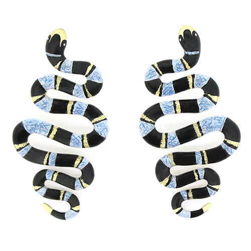 Nature-inspired earrings featuring blue sea snake with a black stripe and gold accent.