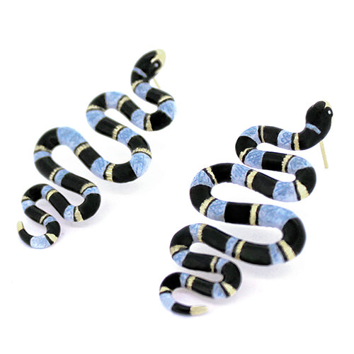 Unique earrings featuring blue sea snake with black stripe, perfect for animal lovers.