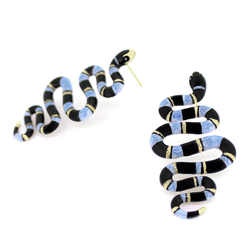 Ocean-inspired earrings featuring blue sea snake with black stripe and gold accent.