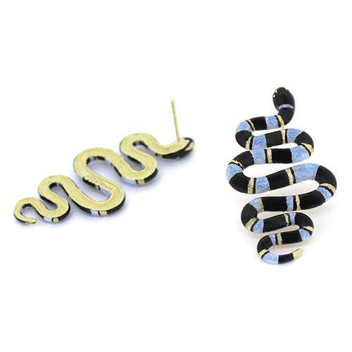 Beautifully crafted earrings featuring blue sea snake with a black stripe.