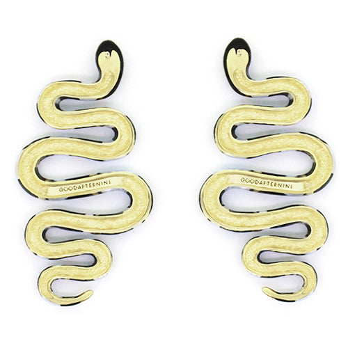 Unique earrings featuring blue sea snake with black stripe and gold accent.