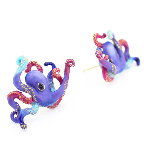 Handmade octopus earrings featuring blue, purple, and red tones, perfect for animal lovers.