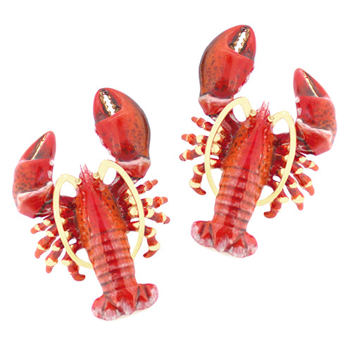 Beautifully crafted red lobster earrings with gold accents, featuring detailed claws and a textured body.