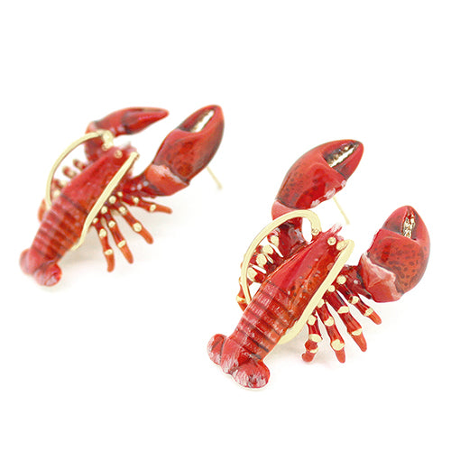 Nature-inspired earrings with lobster design, featuring vibrant red colors and gold detailing.