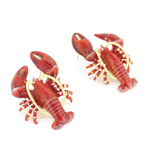 Nature-inspired earrings with lobster design, featuring vibrant red colors and gold detailing.