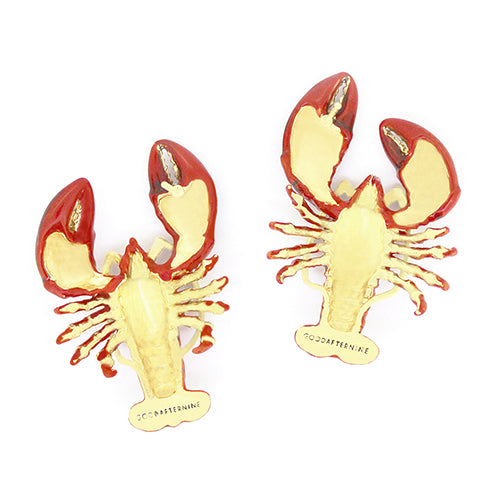 Handcrafted earrings with lobster design, featuring vibrant red colors and gold detailing.