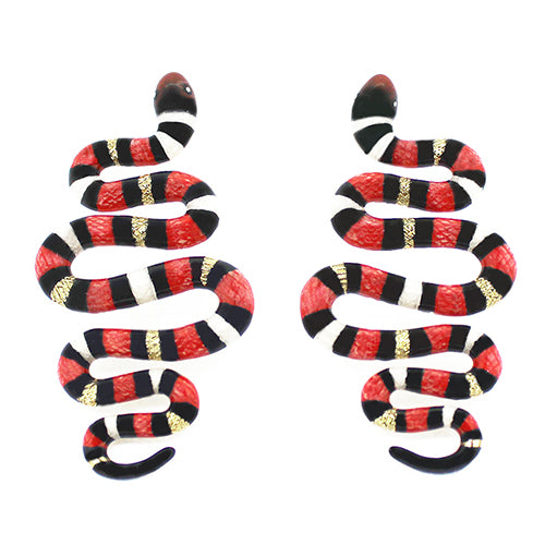 Nature-inspired earrings featuring red milk snake with black and white stripes.