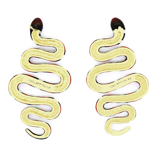 Unique earrings featuring red milk snake with black and white stripes, perfect for animal lovers.