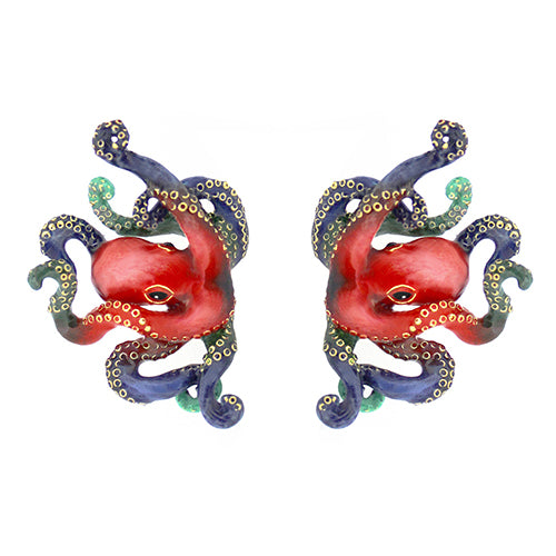 Unique octopus earrings featuring red, blue, and green tones.