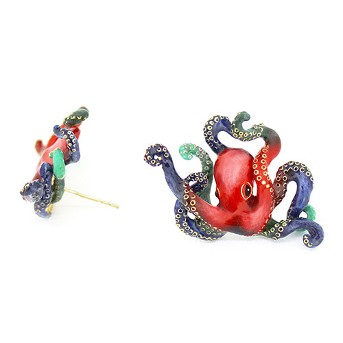 Beautifully crafted octopus earrings featuring red, blue, and green tones.