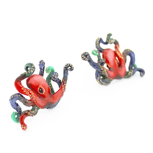 Handmade octopus earrings featuring red, blue, and green tones, perfect for animal lovers.