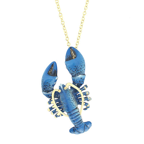 Blue lobster-shaped pendant necklace with gold accents on a delicate chain.