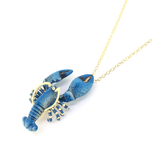 Blue lobster-shaped pendant necklace with gold accents on a delicate chain.