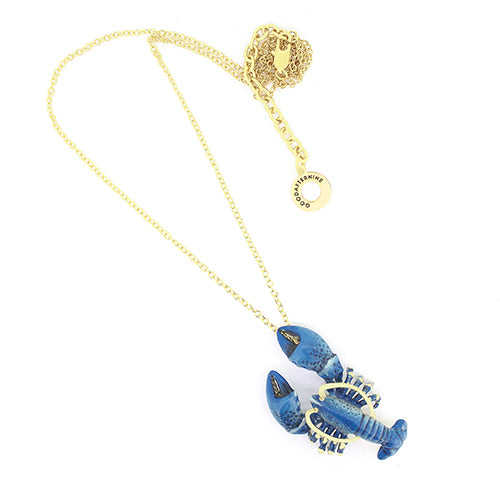 Beautiful blue lobster-shaped pendant necklace with gold accents on a delicate chain.