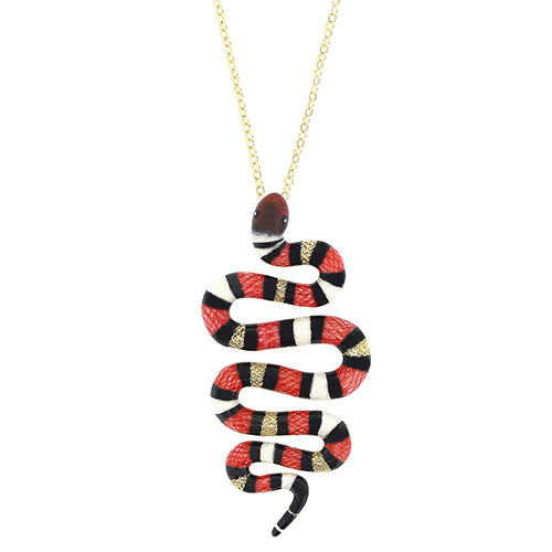 Beautifully crafted red milk snake pendent necklace with gold chain.