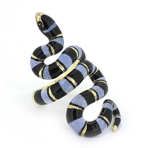 Handcrafted blue sea snake ring featuring a black stripe and gold accent.